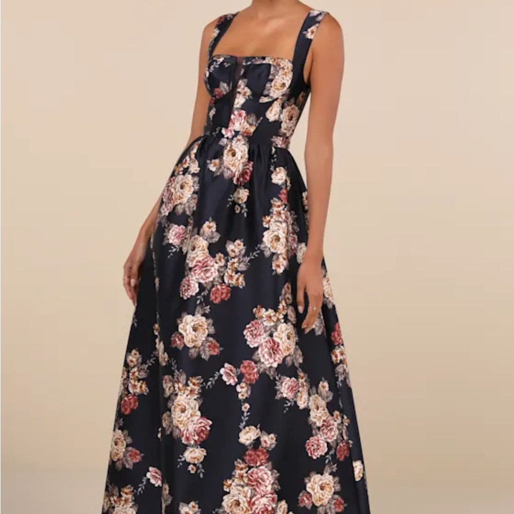 Elegant Pick Navy Blue Floral Sleeveless Bustier Maxi Dress